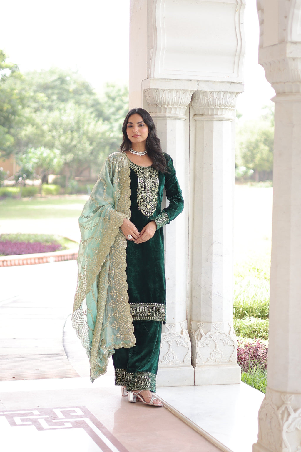 Jyoti Fashion Green Velvet Embroidered Designer Kurta Set with Dupatta | Grocsy