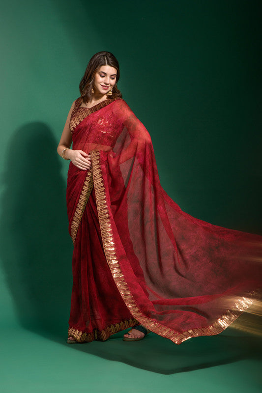 Jyoti Fashion Women's Maroon Sequence Embroidery Chiffon Saree with Blouse | Grocsy
