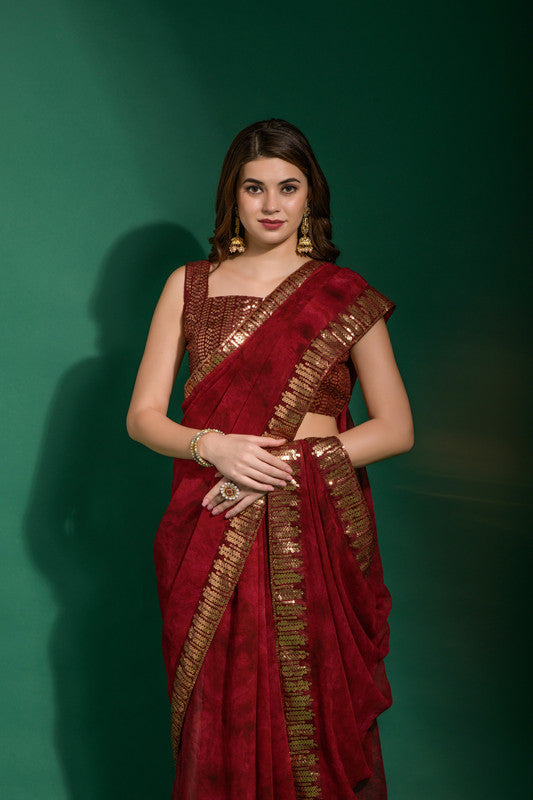 Jyoti Fashion Women's Maroon Sequence Embroidery Chiffon Saree with Blouse | Grocsy