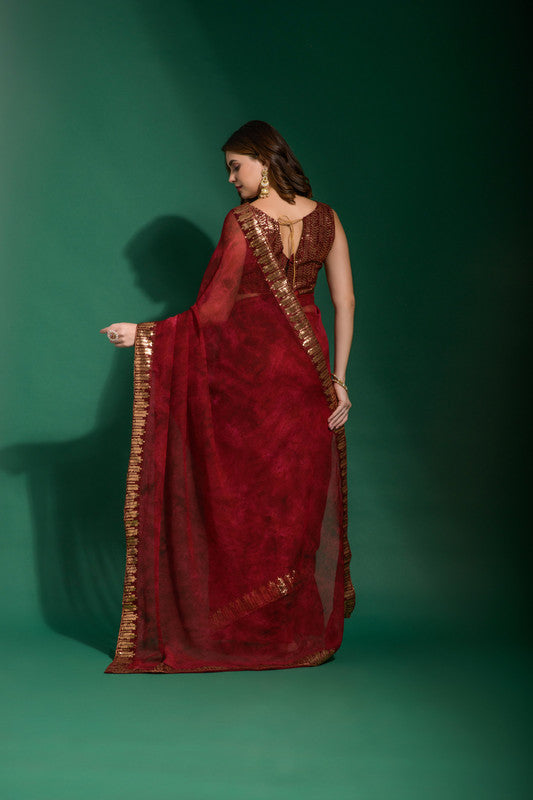 Jyoti Fashion Women's Maroon Sequence Embroidery Chiffon Saree with Blouse | Grocsy