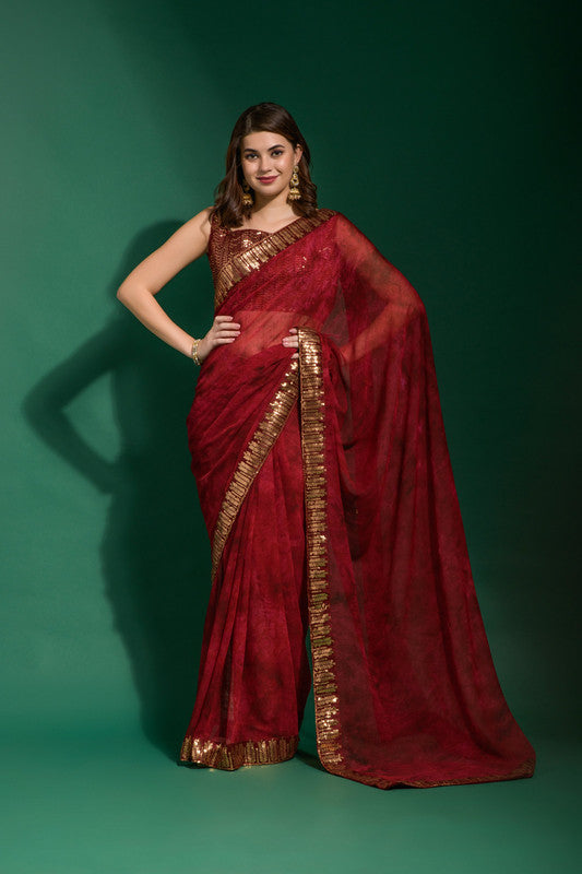 Jyoti Fashion Women's Maroon Sequence Embroidery Chiffon Saree with Blouse | Grocsy