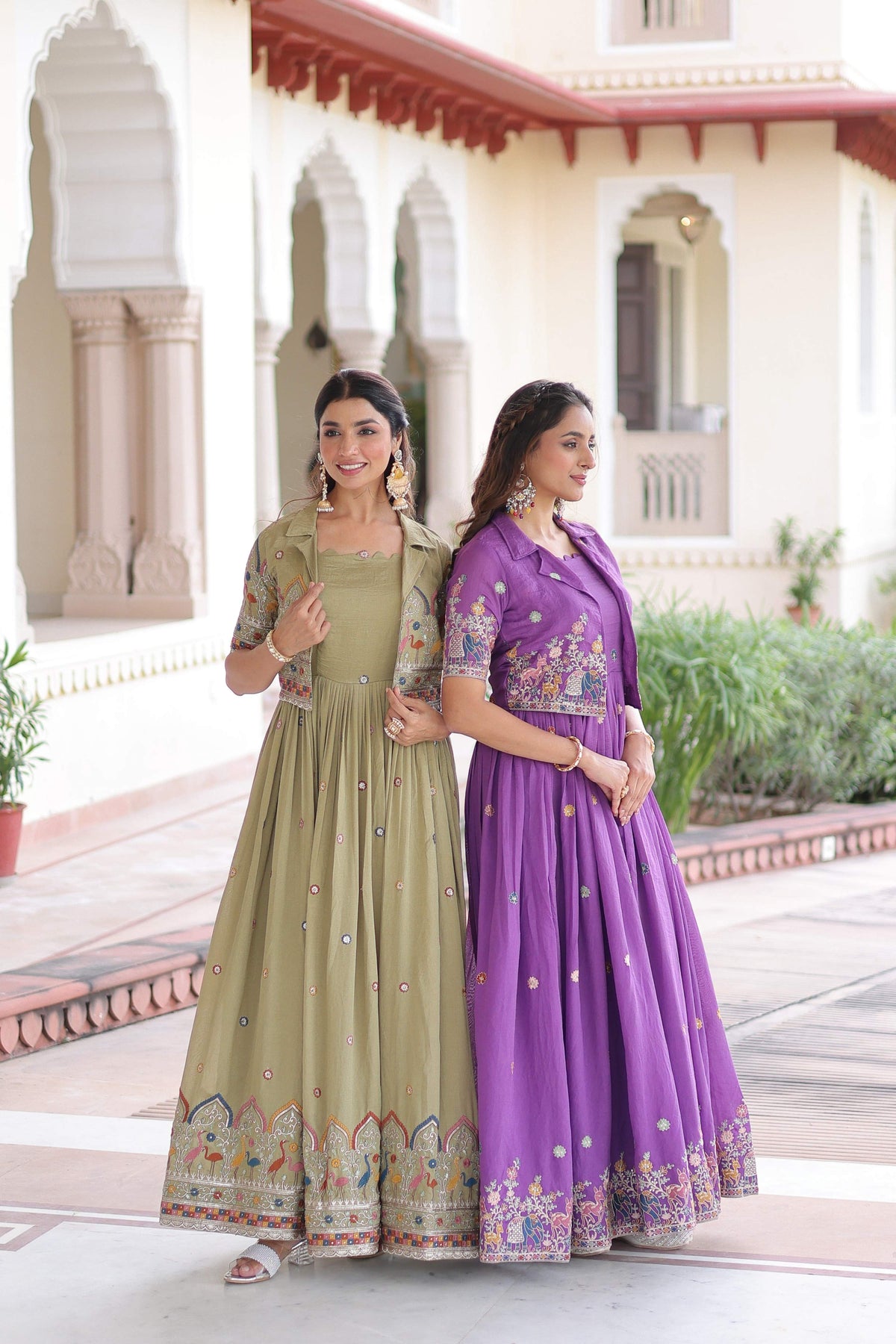 Jyoti Fashion Women's Green & Purple Vichitra Silk Embroidered Combo Anarkali Set With Koti | Grocsy