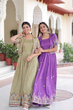 Jyoti Fashion Women's Green & Purple Vichitra Silk Embroidered Combo Anarkali Set With Koti | Grocsy