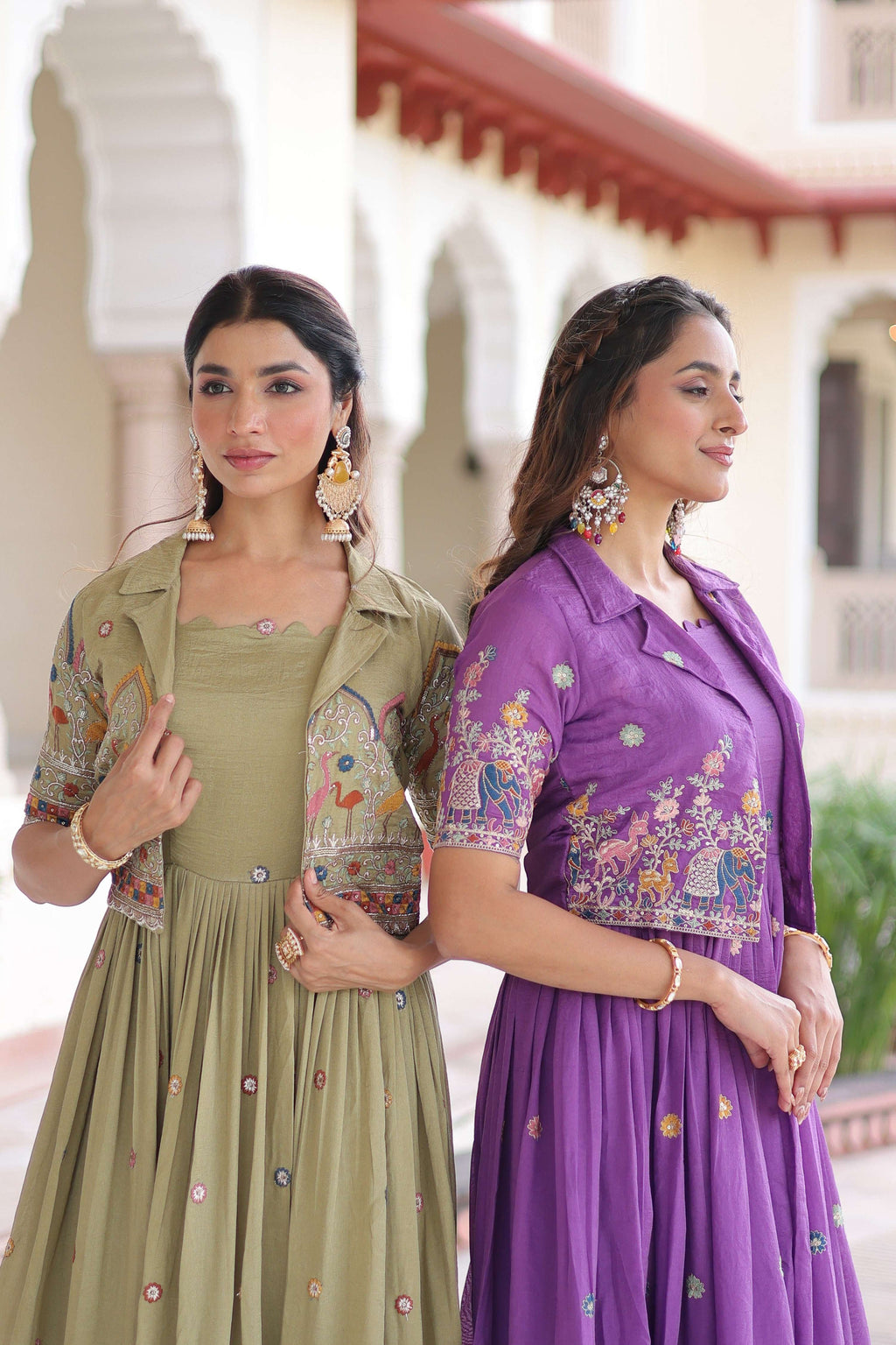Jyoti Fashion Women's Green & Purple Vichitra Silk Embroidered Combo Anarkali Set With Koti | Grocsy