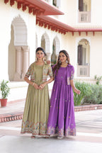 Jyoti Fashion Women's Green & Purple Vichitra Silk Embroidered Combo Anarkali Set With Koti | Grocsy
