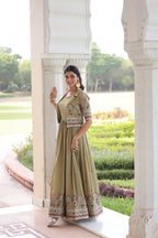 Jyoti Fashion Women's Green Vichitra Silk Embroidered Anarkali Set With Koti | Grocsy