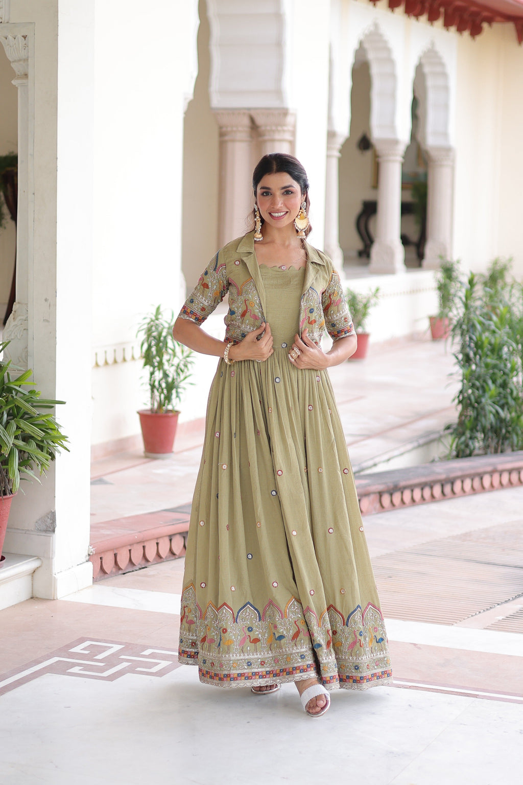 Jyoti Fashion Women's Green Vichitra Silk Embroidered Anarkali Set With Koti | Grocsy