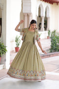 Jyoti Fashion Women's Green Vichitra Silk Embroidered Anarkali Set With Koti | Grocsy