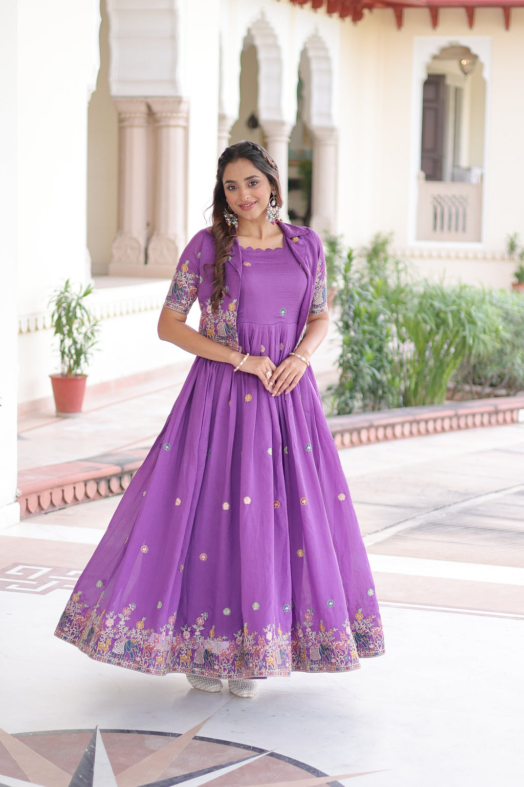 Jyoti Fashion Women's Purple Vichitra Silk Embroidered Anarkali Set With Koti | Grocsy