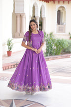 Jyoti Fashion Women's Purple Vichitra Silk Embroidered Anarkali Set With Koti | Grocsy