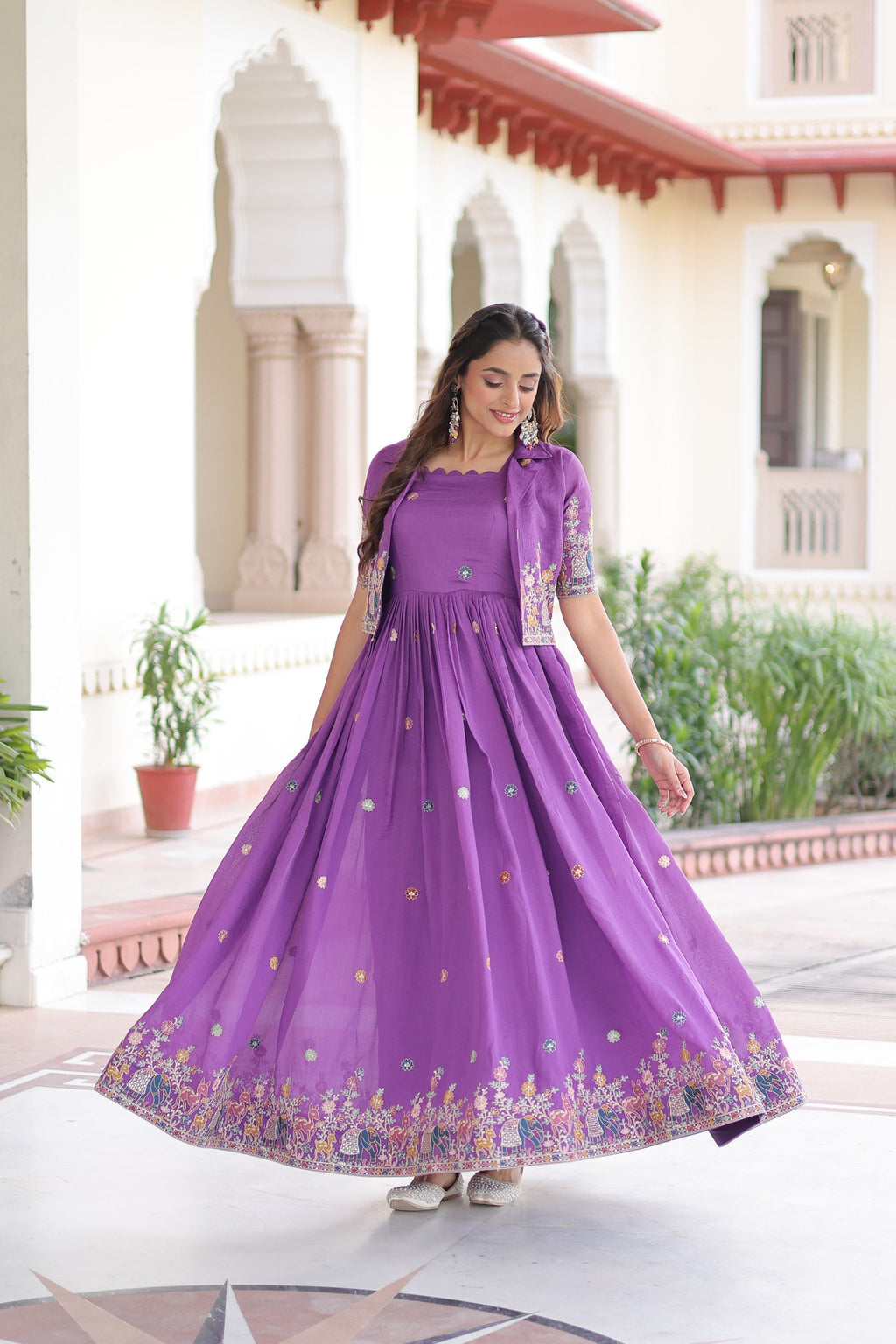 Jyoti Fashion Women's Purple Vichitra Silk Embroidered Anarkali Set With Koti | Grocsy