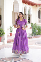 Jyoti Fashion Women's Purple Vichitra Silk Embroidered Anarkali Set With Koti | Grocsy