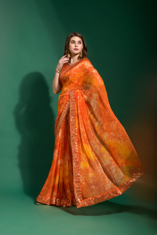 Jyoti Fashion Women's Orange Sequence Embroidery Chiffon Saree with Blouse | Grocsy
