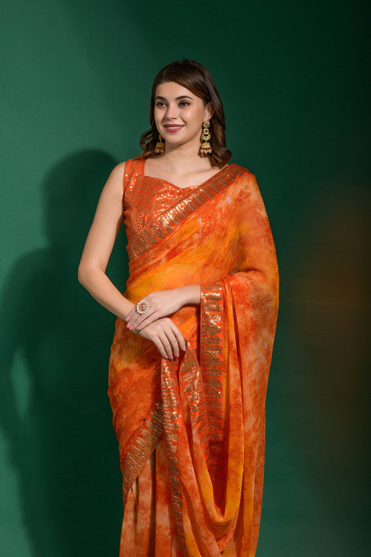 Jyoti Fashion Women's Orange Sequence Embroidery Chiffon Saree with Blouse | Grocsy