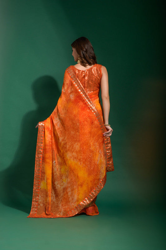 Jyoti Fashion Women's Orange Sequence Embroidery Chiffon Saree with Blouse | Grocsy