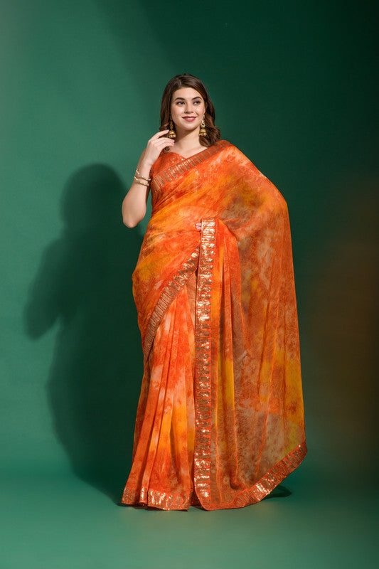 Jyoti Fashion Women's Orange Sequence Embroidery Chiffon Saree with Blouse | Grocsy