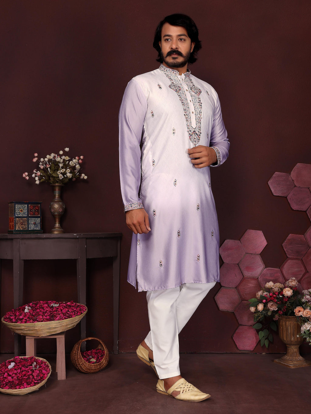 Jyoti Fashion Men's Purple Sequins Embroidered Kurta with Pajama | Grocsy