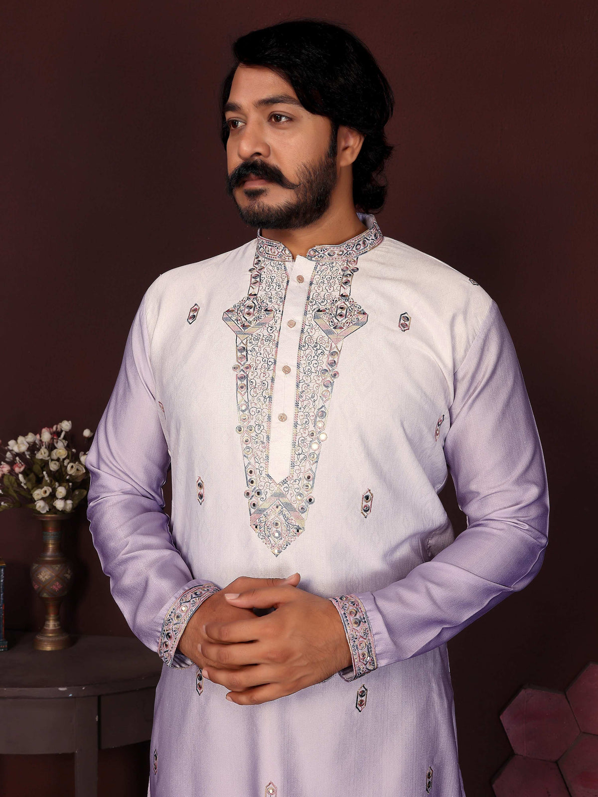 Jyoti Fashion Men's Purple Sequins Embroidered Kurta with Pajama | Grocsy