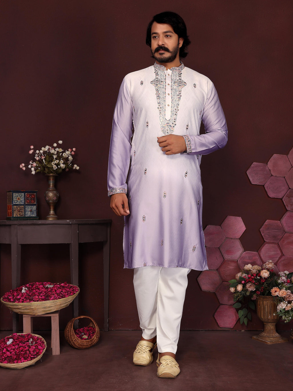 Jyoti Fashion Men's Purple Sequins Embroidered Kurta with Pajama | Grocsy