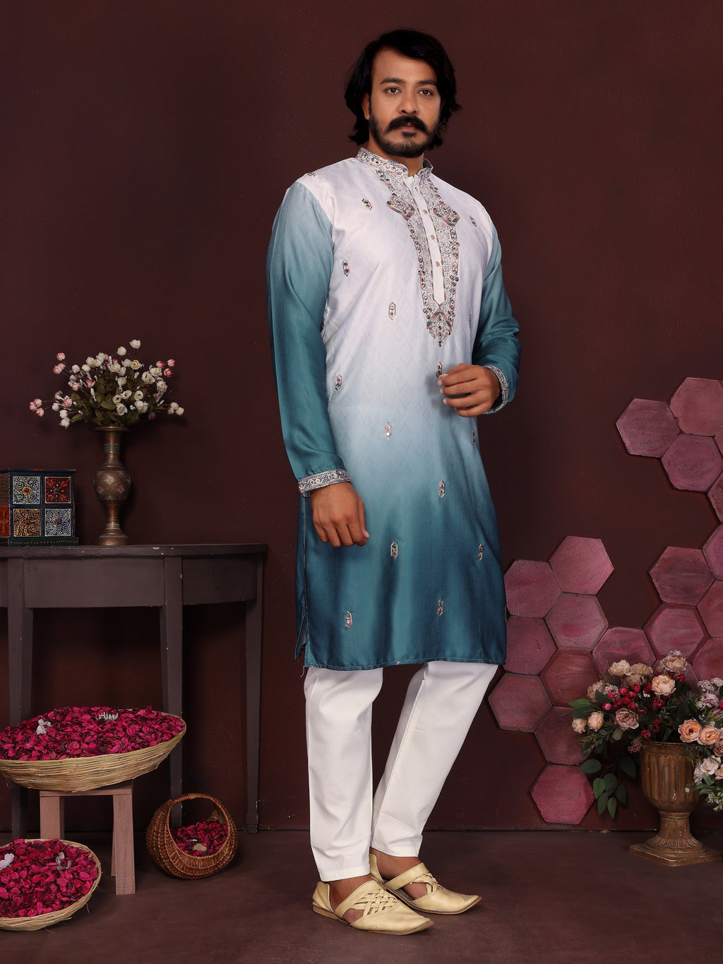 Jyoti Fashion Men's Teal Sequins Embroidered Kurta with Pajama | Grocsy