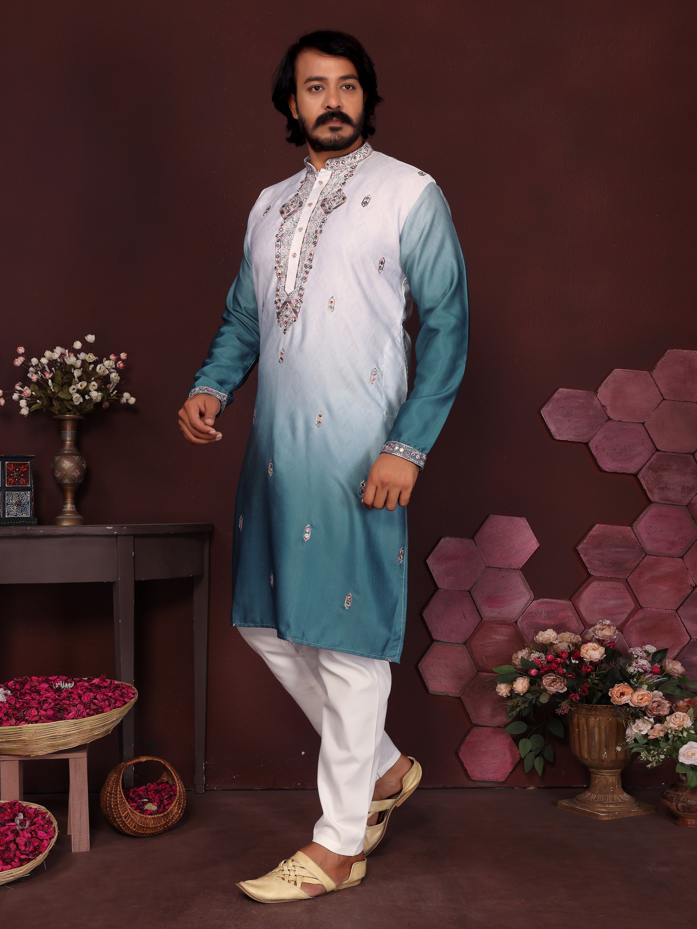 Jyoti Fashion Men's Teal Sequins Embroidered Kurta with Pajama | Grocsy