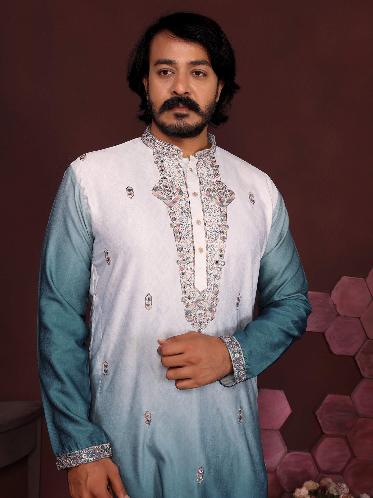 Jyoti Fashion Men's Teal Sequins Embroidered Kurta with Pajama | Grocsy