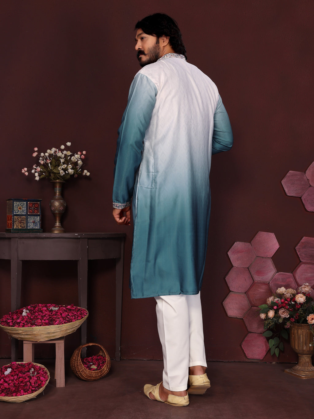 Jyoti Fashion Men's Teal Sequins Embroidered Kurta with Pajama | Grocsy