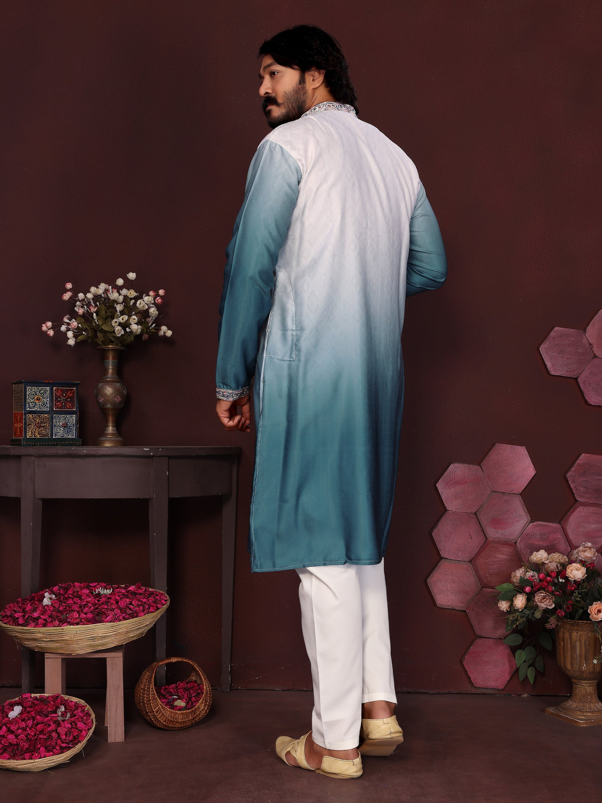 Jyoti Fashion Men's Teal Sequins Embroidered Kurta with Pajama | Grocsy