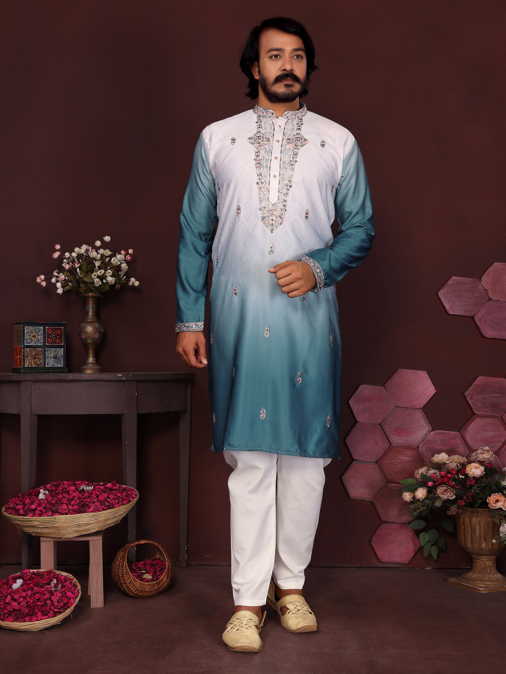 Jyoti Fashion Men's Teal Sequins Embroidered Kurta with Pajama | Grocsy