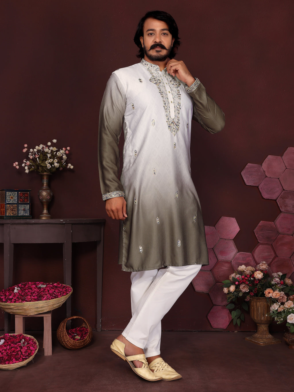 Jyoti Fashion Men's Mehendi Sequins Embroidered Kurta with Pajama | Grocsy