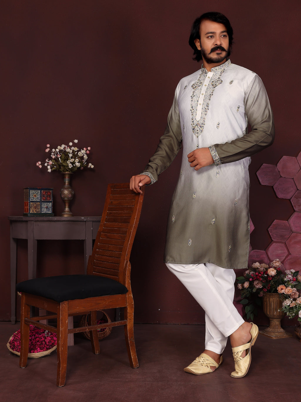 Jyoti Fashion Men's Mehendi Sequins Embroidered Kurta with Pajama | Grocsy