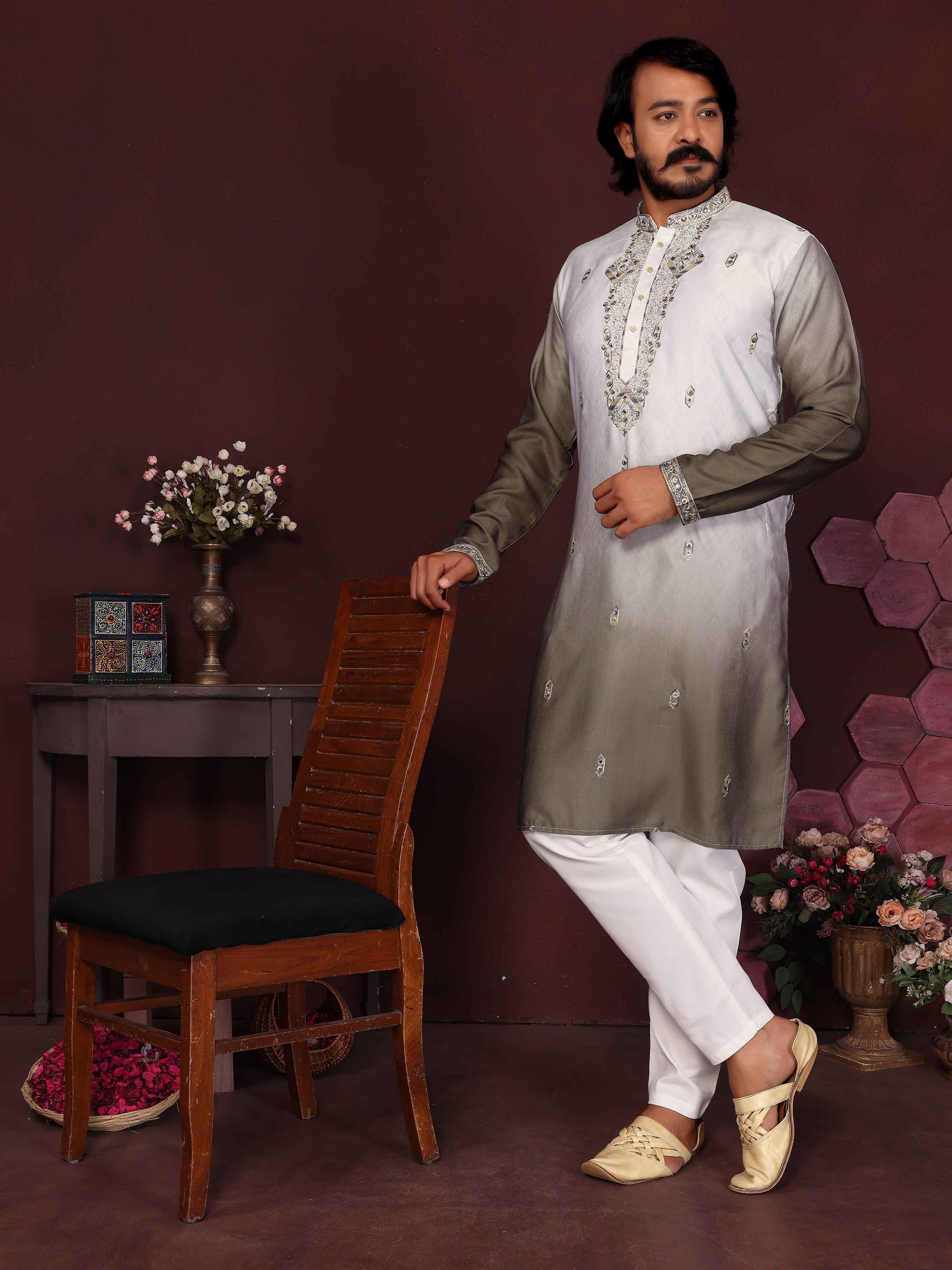 Jyoti Fashion Men's Mehendi Sequins Embroidered Kurta with Pajama | Grocsy