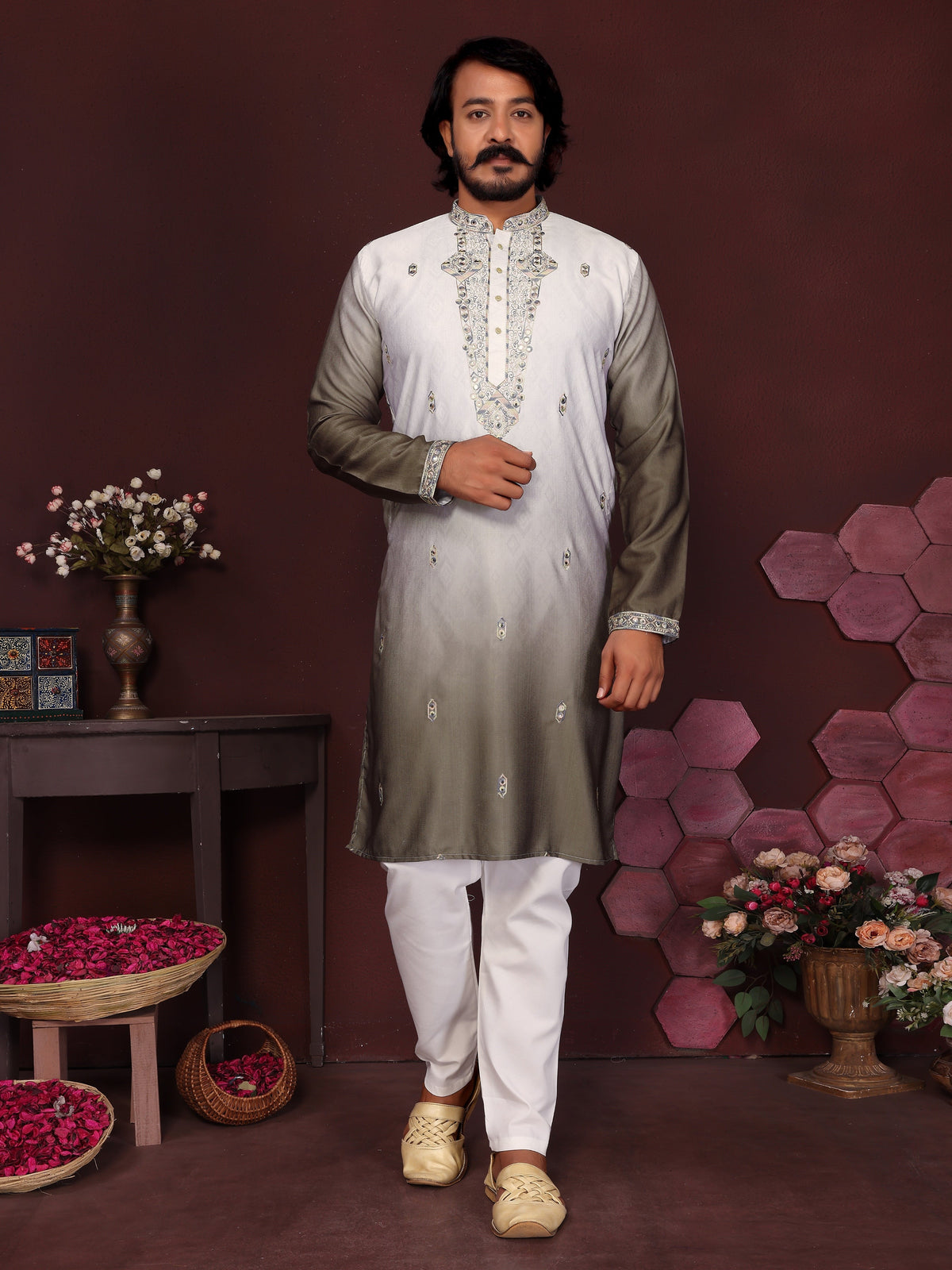 Jyoti Fashion Men's Mehendi Sequins Embroidered Kurta with Pajama | Grocsy