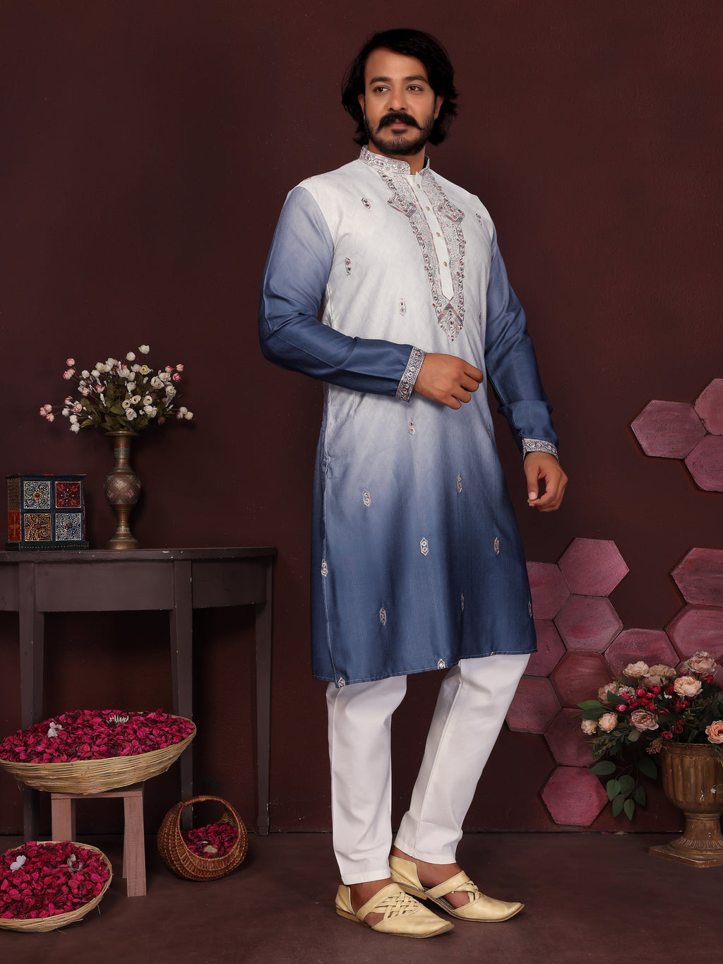Jyoti Fashion Men's Blue Sequins Embroidered Kurta with Pajama | Grocsy