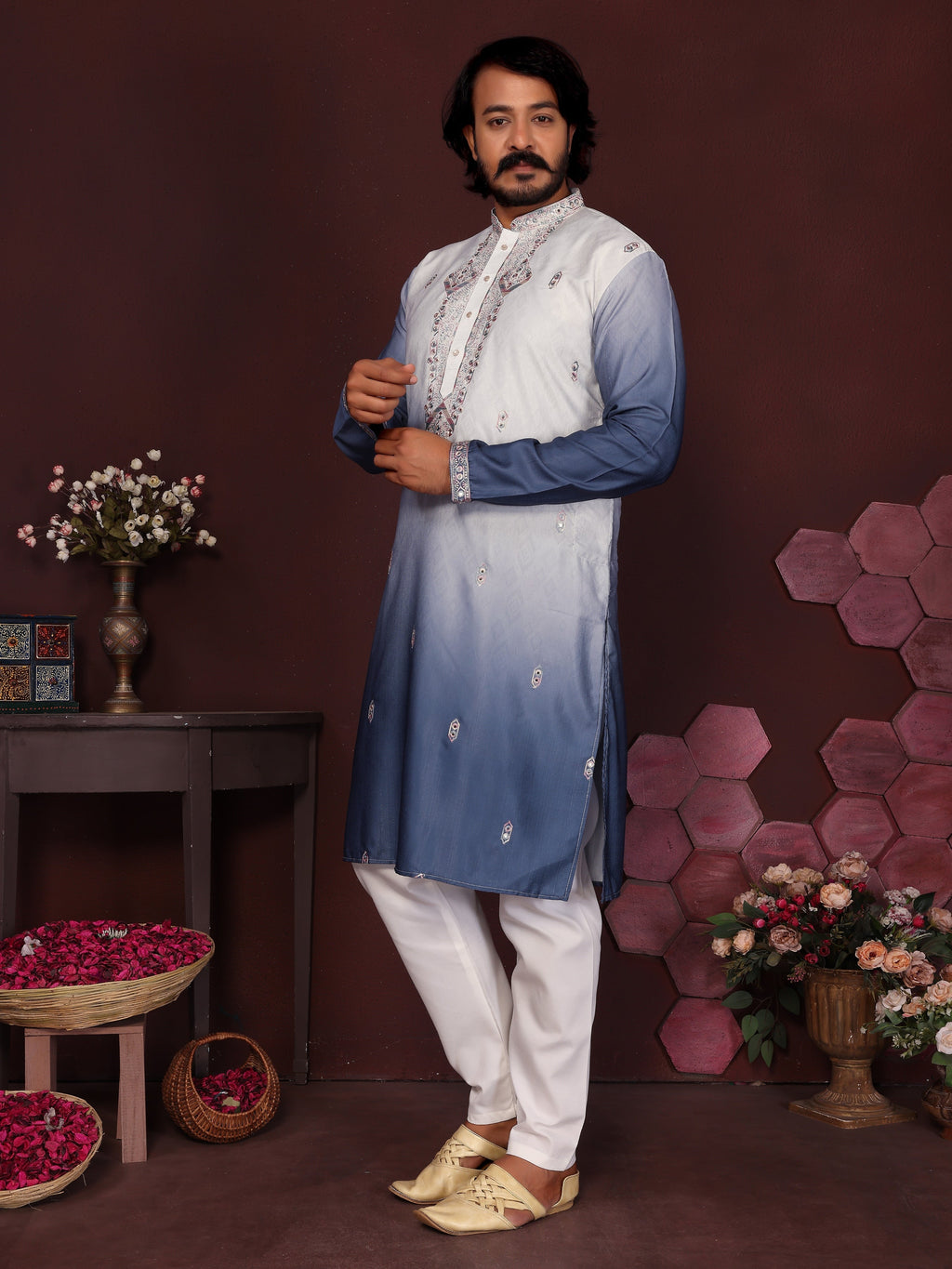 Jyoti Fashion Men's Blue Sequins Embroidered Kurta with Pajama | Grocsy
