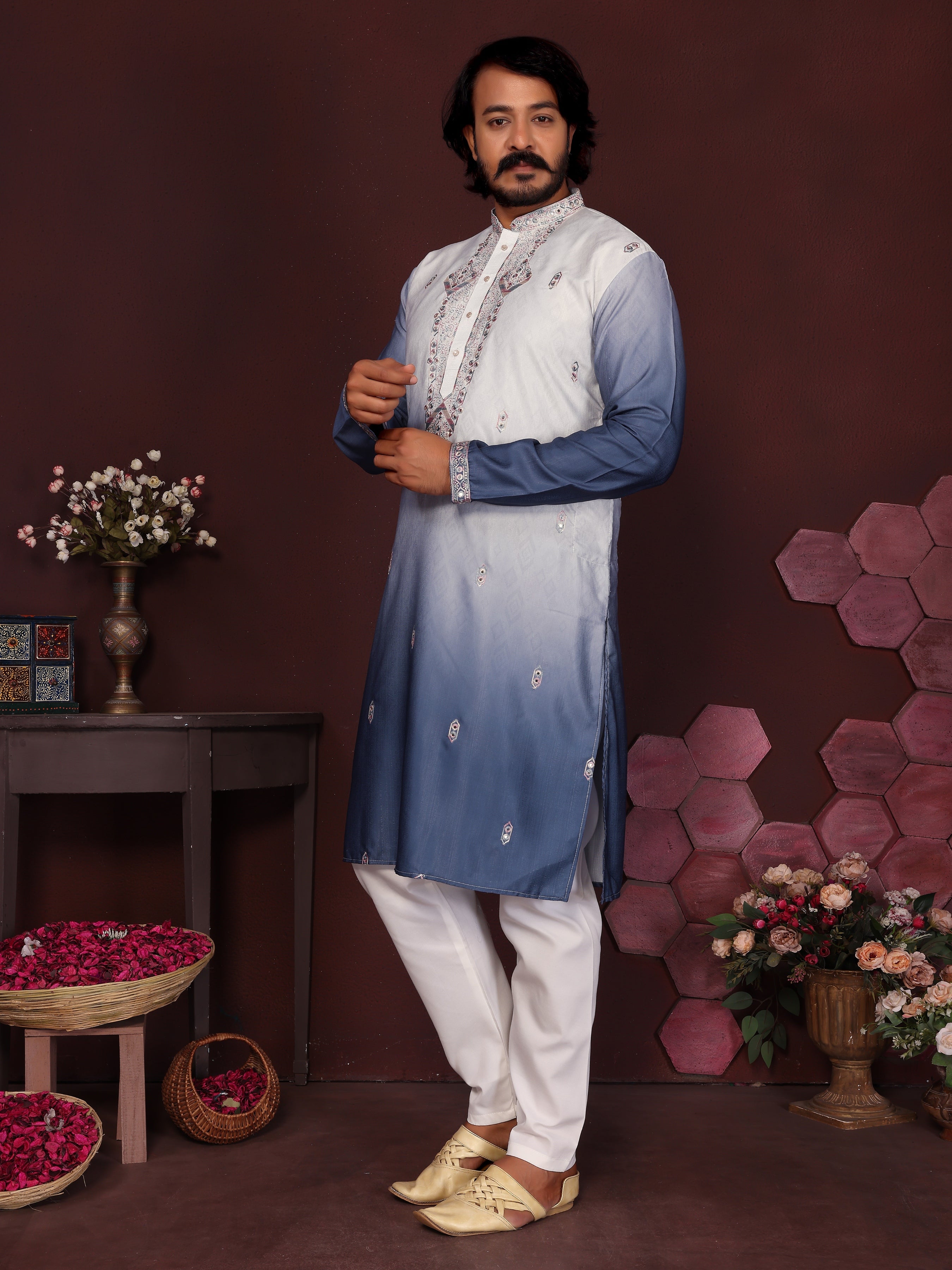 Jyoti Fashion Men's Blue Sequins Embroidered Kurta with Pajama | Grocsy