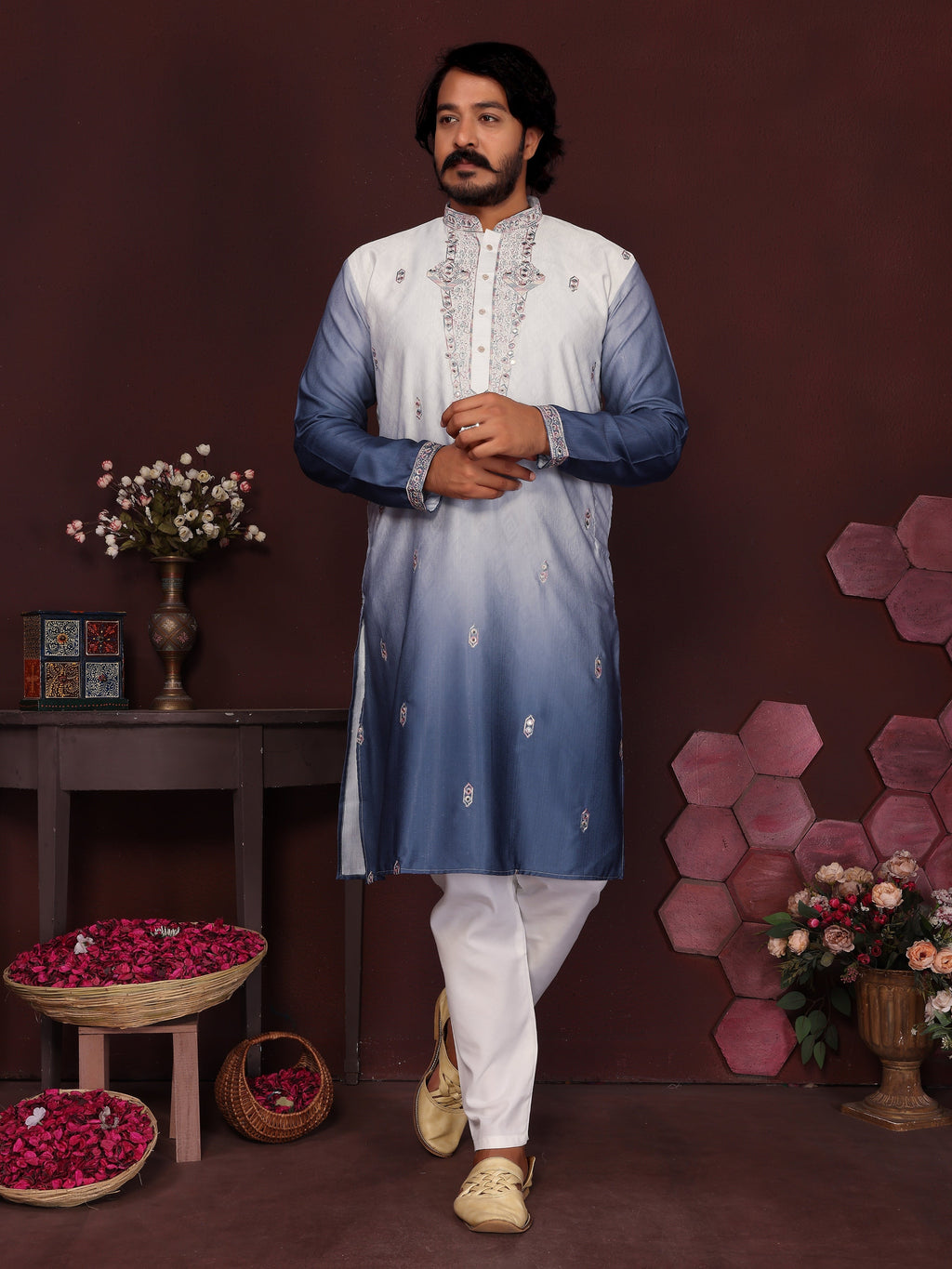 Jyoti Fashion Men's Blue Sequins Embroidered Kurta with Pajama | Grocsy