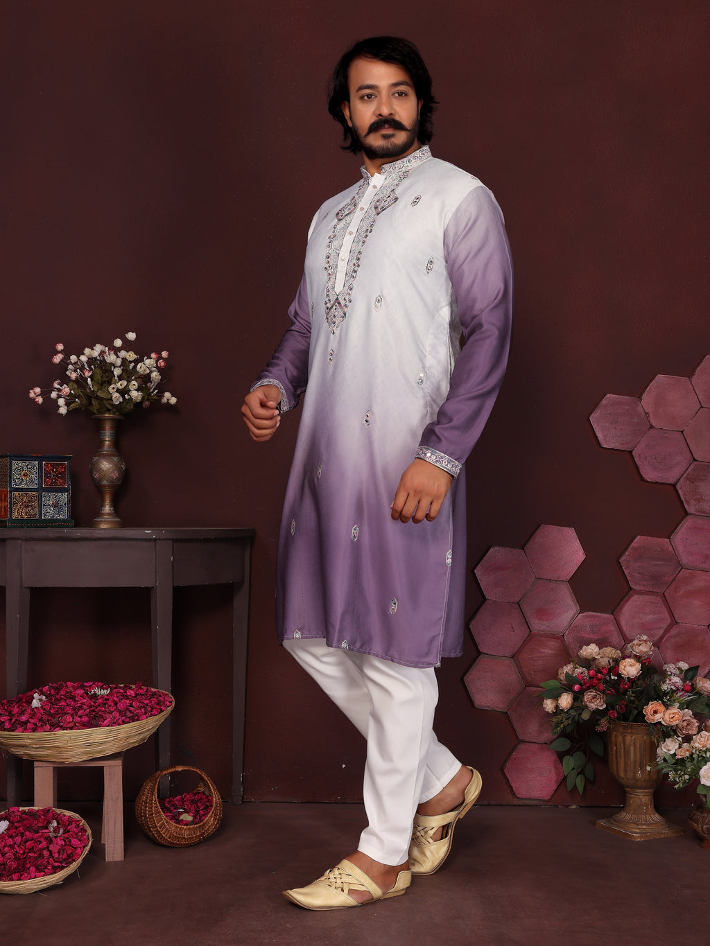 Jyoti Fashion Men's Jamuni Sequins Embroidered Kurta with Pajama | Grocsy