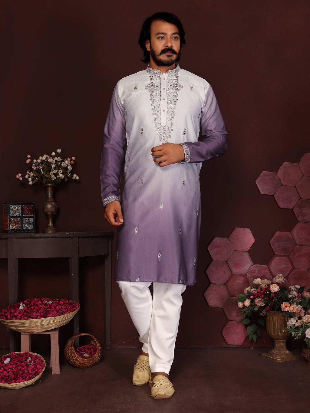Jyoti Fashion Men's Jamuni Sequins Embroidered Kurta with Pajama | Grocsy