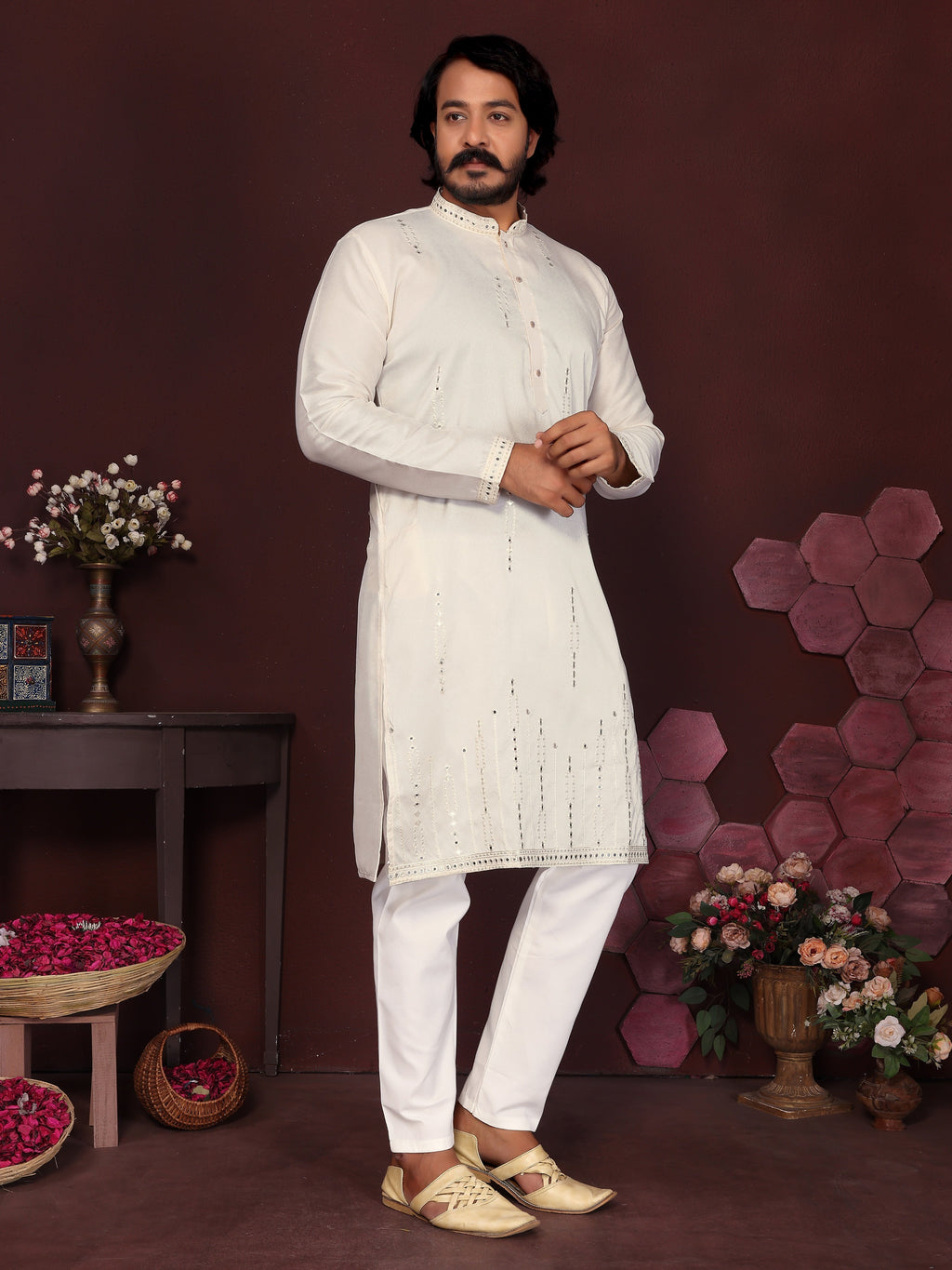 Jyoti Fashion Men's White Mirror Embroidery Kurta with Pajama | Grocsy