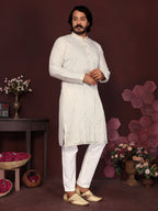 Jyoti Fashion Men's White Mirror Embroidery Kurta with Pajama | Grocsy