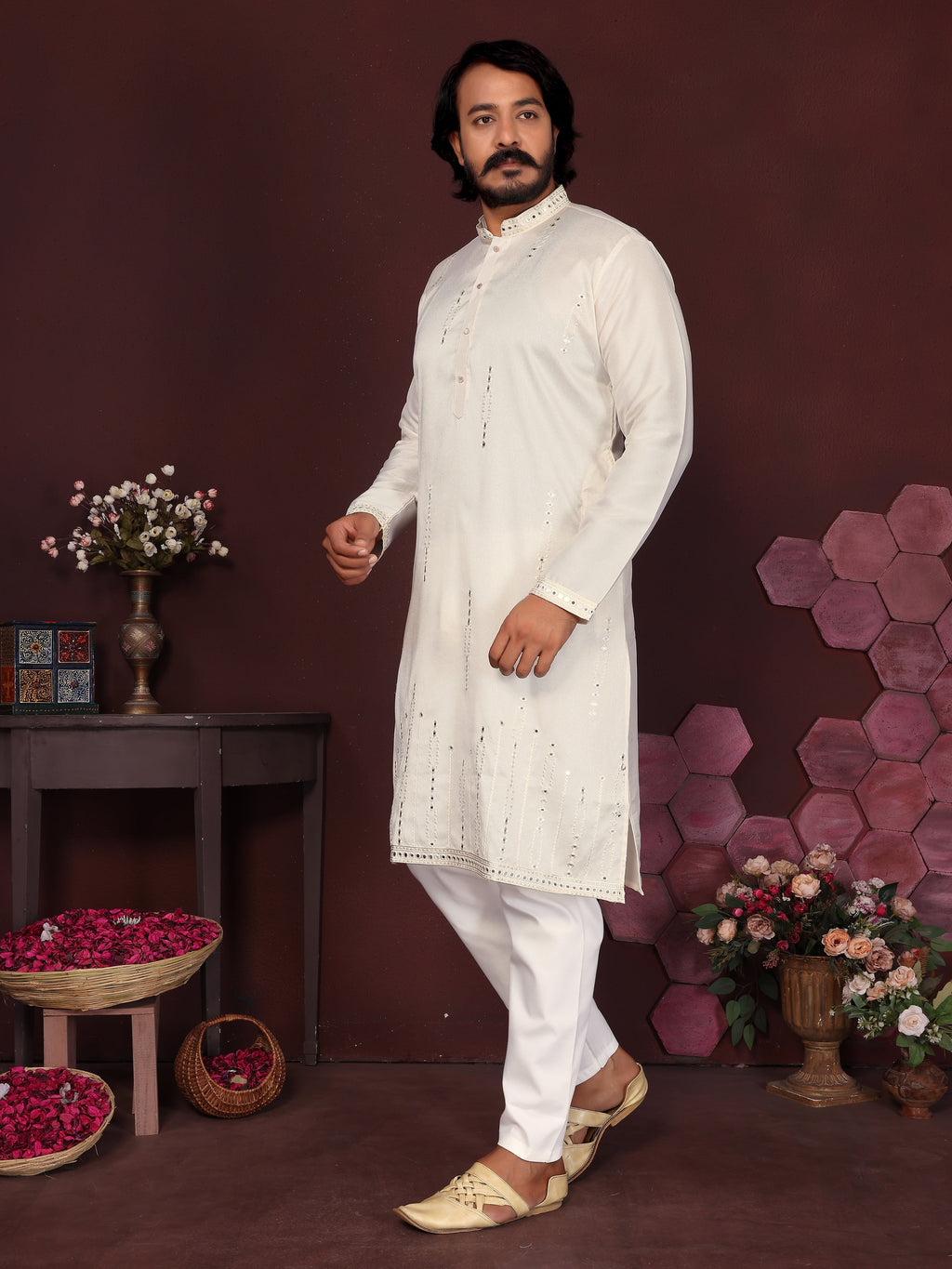 Jyoti Fashion Men's White Mirror Embroidery Kurta with Pajama | Grocsy