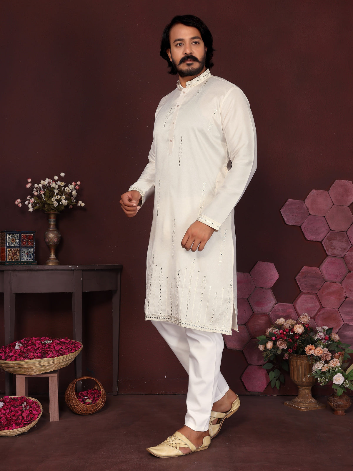 Jyoti Fashion Men's White Mirror Embroidery Kurta with Pajama | Grocsy