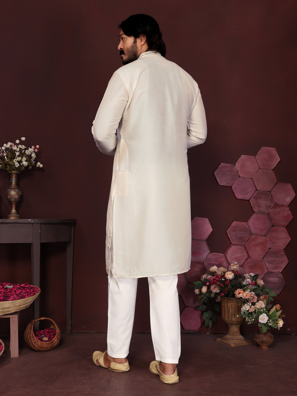Jyoti Fashion Men's White Mirror Embroidery Kurta with Pajama | Grocsy