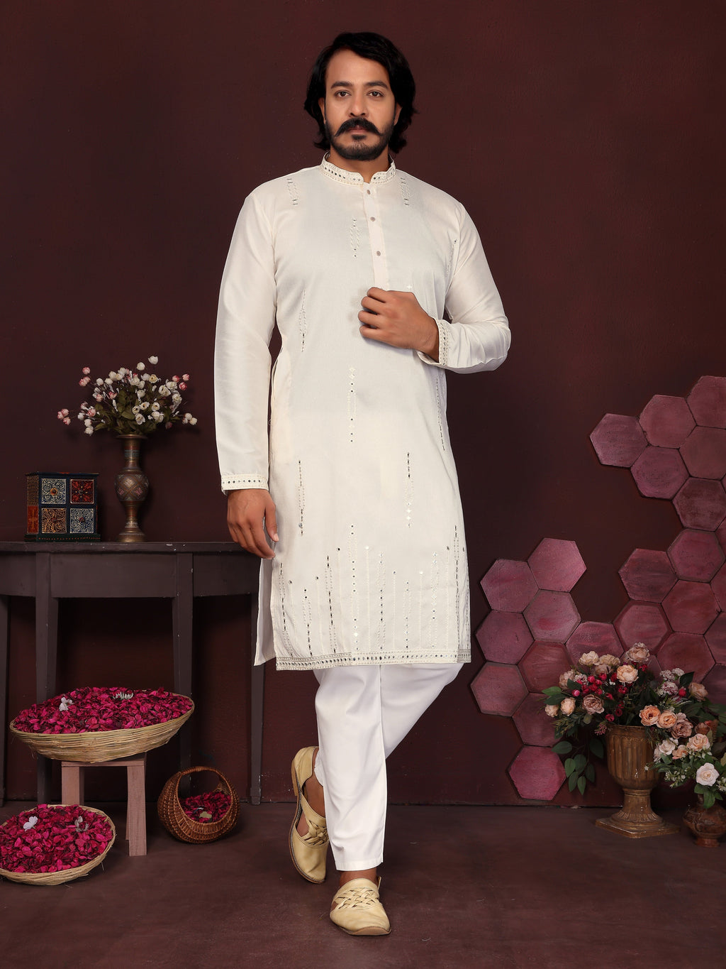 Jyoti Fashion Men's White Mirror Embroidery Kurta with Pajama | Grocsy