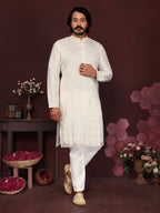 Jyoti Fashion Men's White Mirror Embroidery Kurta with Pajama | Grocsy