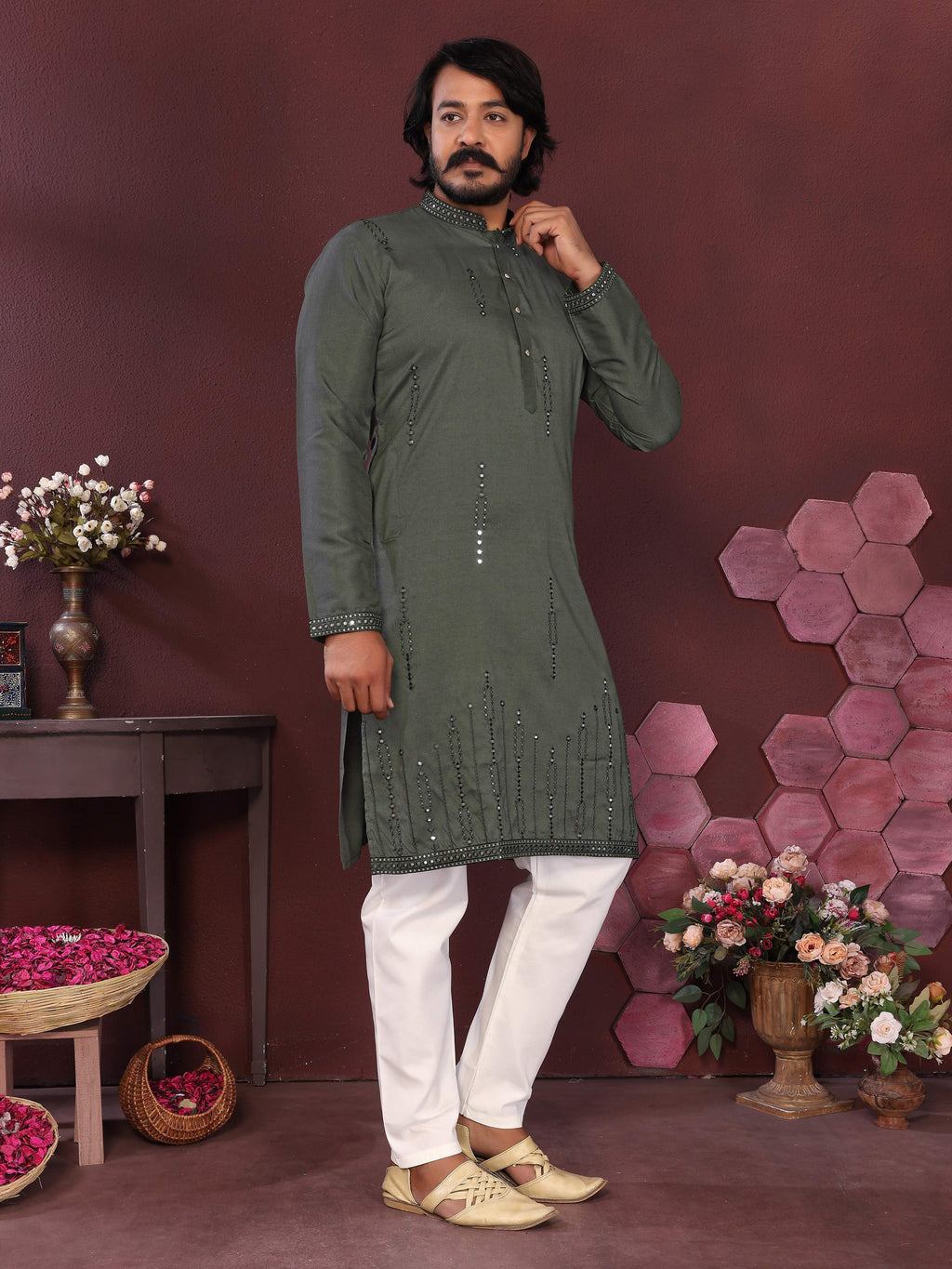 Jyoti Fashion Men's Green Mirror Embroidery Kurta with Pajama | Grocsy