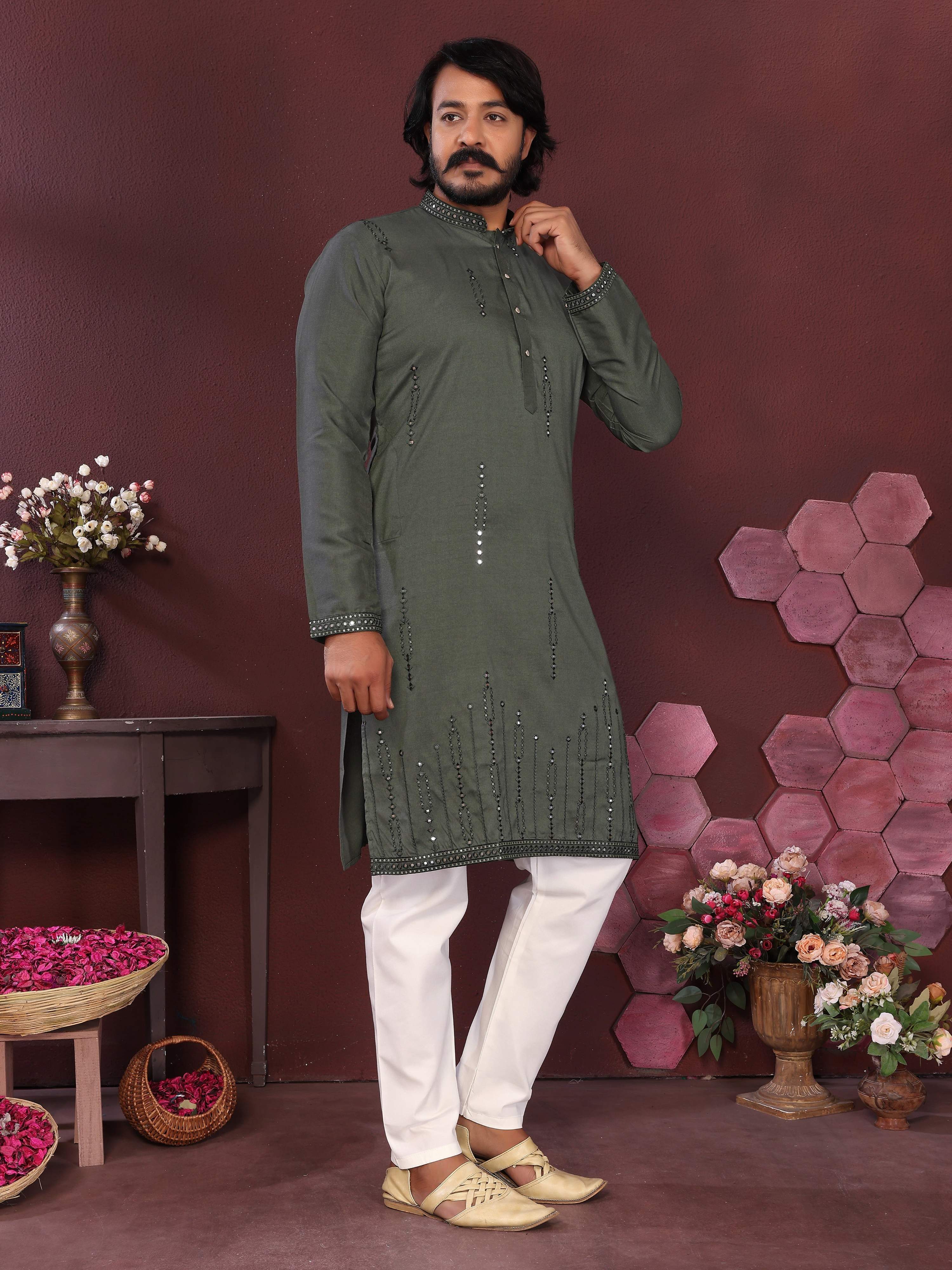 Jyoti Fashion Men's Green Mirror Embroidery Kurta with Pajama | Grocsy