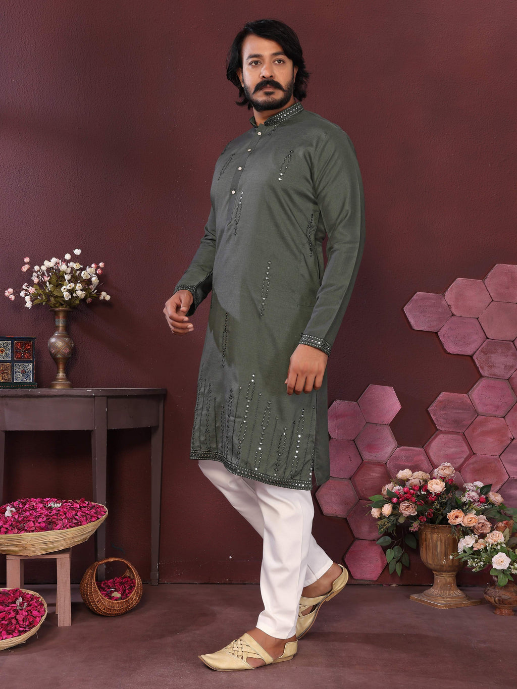 Jyoti Fashion Men's Green Mirror Embroidery Kurta with Pajama | Grocsy