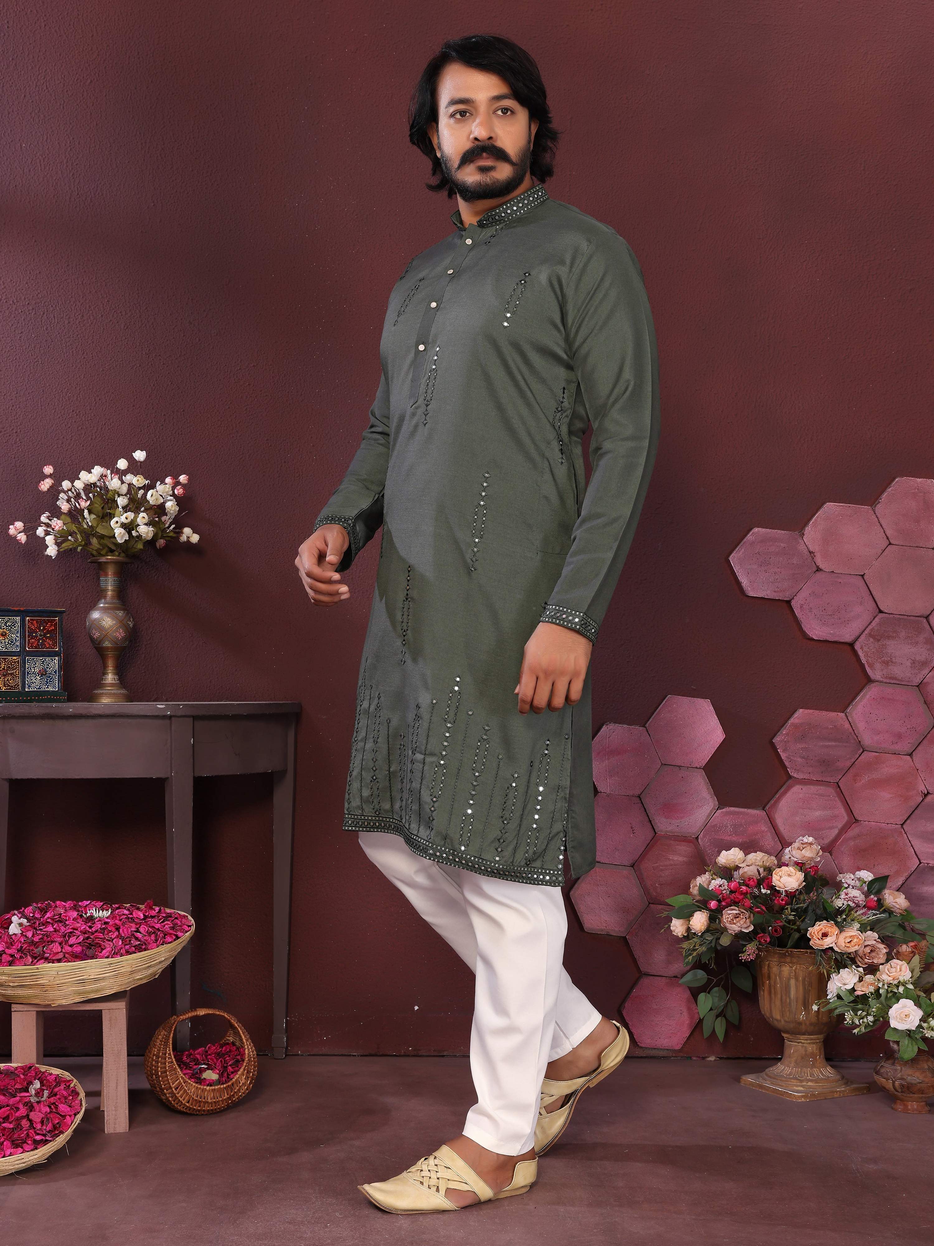 Jyoti Fashion Men's Green Mirror Embroidery Kurta with Pajama | Grocsy